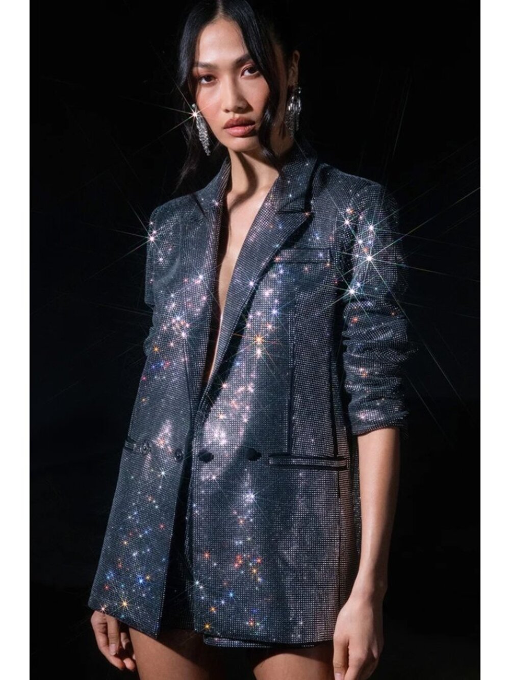 💥SHOWSTOPPER!💥Rhinestone Tailored Double Breasted Blazer in Iridescent Black